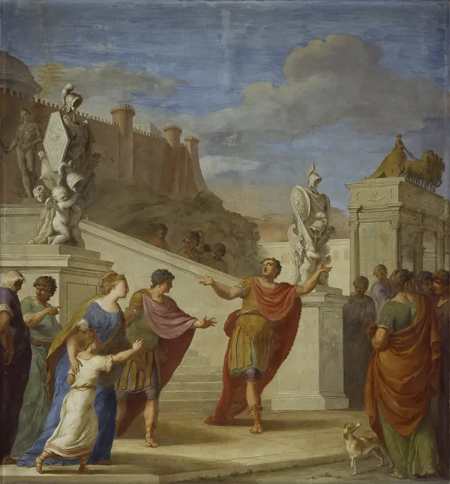 Framed Print : Scipio leaving for the exile, by Pier Antonio Novelli, 18th century, fresco. - Italy, Veneto, Padua, Palazzo Pisani. Whole artwork view. The parting of Scipio by his loved ones Framed Print : Scipio leaving for the exile, by Pier Antonio Novelli, 18th century, fresco. - Italy, Veneto, Padua, Palazzo Pisani. Whole artwork view. The parting of Scipio by his loved ones