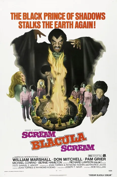 Framed Print : SCREAM BLACULA SCREAM, top center: William Marshall; bottom far right: Pam Grier; vampire in pink shirt on left