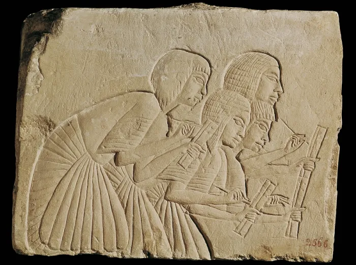 Framed Print : Scribes. 16th-14th c. BC. 18th dinasty. Egyptian art. New Kingdom. Relief on rock. ITALY. Florence. National Museum of Archaeology