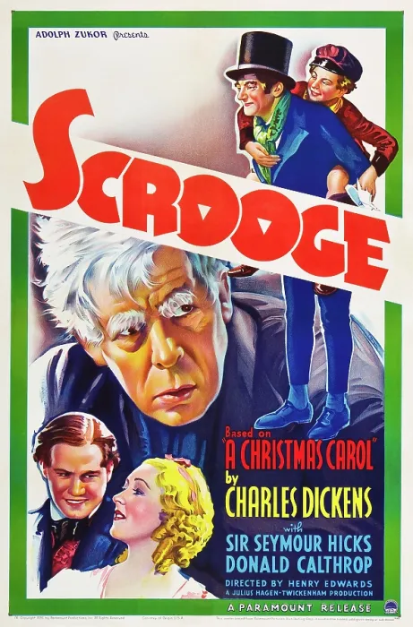 Framed Print : SCROOGE, center: Seymour Hicks, bottom l-r: Robert Cochran, Eve Gray, top l-r: Donald Calthrop, Philip Frost on poster art, 1935