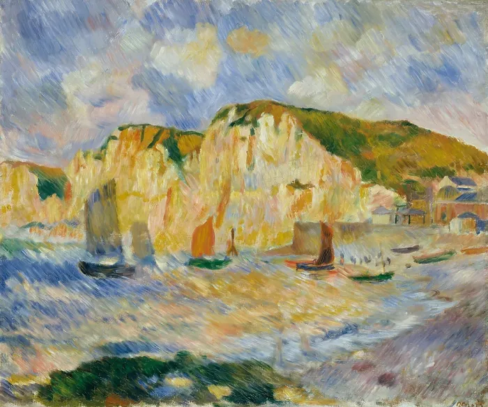 Framed Print : Sea and Cliffs, by Auguste Renoir, 1885, French impressionist painting, oil on canvas. Renoir painted this landscape with strong hatched straight brushstrokes (BSLOC_2017_3_90) Framed Print : Sea and Cliffs, by Auguste Renoir, 1885, French impressionist painting, oil on canvas. Renoir painted this landscape with strong hatched straight brushstrokes (BSLOC_2017_3_90)