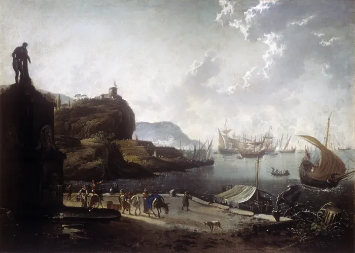 Framed Print : Sea Harbour, by Hans de Jode, 1657, 17th Century, canvas - Italy, Veneto, Verona, Museum of Castelvecchio. Whole artwork view. Landscape with sailing ships, people and statue