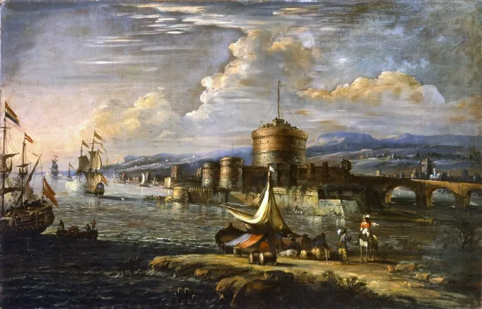 Framed Print : Sea Harbour near Castel Sant'Angelo, by Johann Anton Eisman also known as Isman, 17th century, canvas - Italy, Veneto, Padua, Civic Museums. Whole artwork view