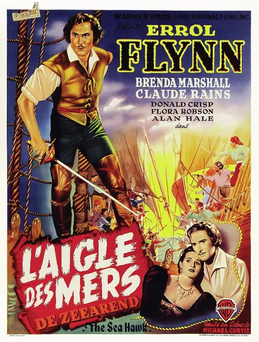 Framed Print : THE SEA HAWK (aka L'AIGLE DES MERS aka DE ZEEAREND), top left: Errol Flynn, bottom right from left: Brenda Marshall, Errol Flynn on Belgian poster art, 1940
