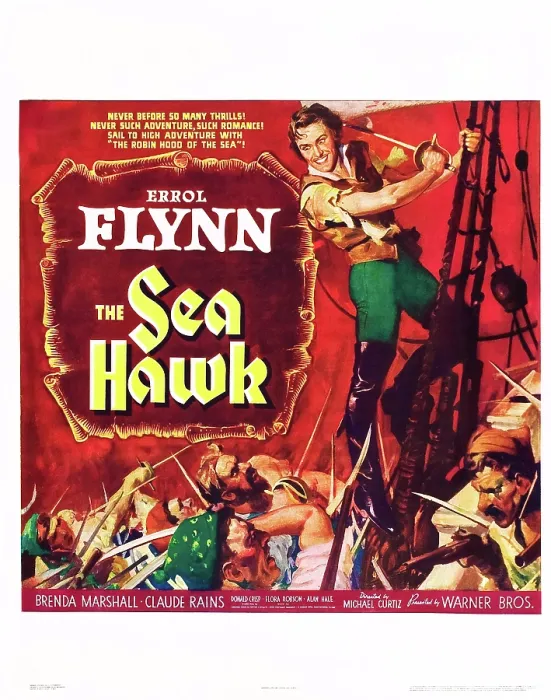 Framed Print : THE SEA HAWK, Errol Flynn on window card, 1940