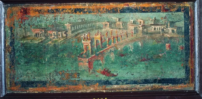 Framed Print : Sea Landscape, by unknown artist, 45-79, 1st Century A.D. ripped fresco, 22 x 46 cm - Italy, Campania, Naples, National Archaeological Museum, Room LXXIV, inv. 9484