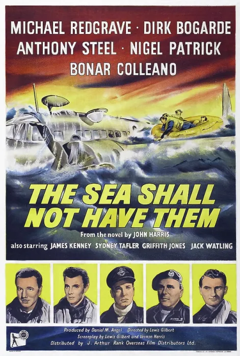 Framed Print : THE SEA SHALL NOT HAVE THEM, US poster art, from left: Michael Redgrave, Dirk Bogarde, Anthony Steel, Nigel Patrick, Bonar Colleano, 1954