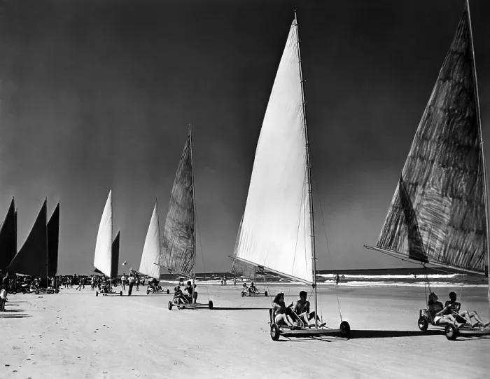 Framed Print : Seabrezze Regatta sand sailing on Daytona Beach, Florida. Daytona's wide beach of smooth, compacted sand attracted vehicles of all types. May 19, 1946