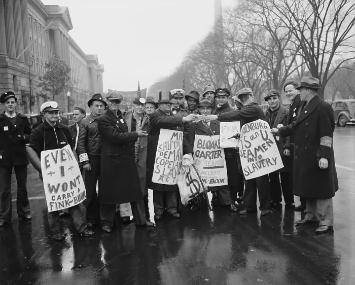 Framed Print : Seamen protest against the Copeland Safety-At-Sea Act. Jan. 18, 1937. 500 picketed the Commerce Department in Washington, D.C