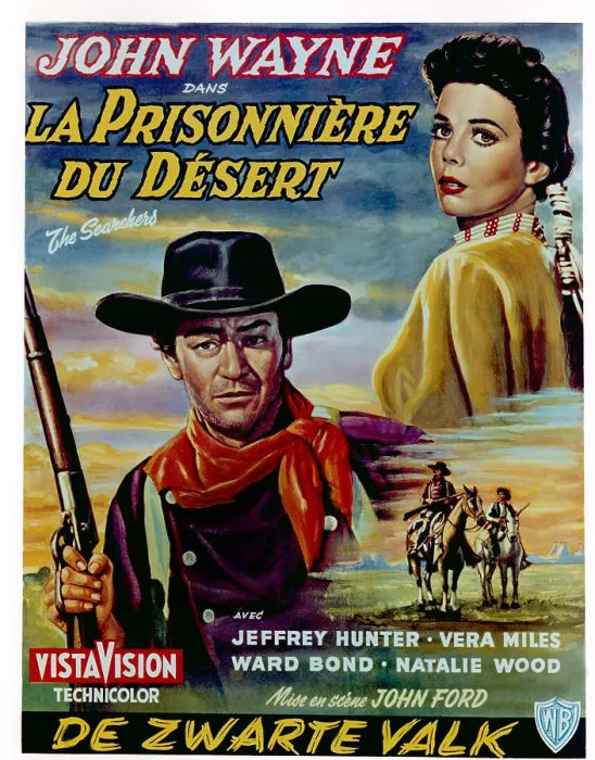Framed Print : THE SEARCHERS, (aka LA PRISONNIERE DU DESERT), top from left on Belgian poster art: John Wayne, Natalie Wood, bottom right: John Wayne, Jeffrey Hunter, 1956