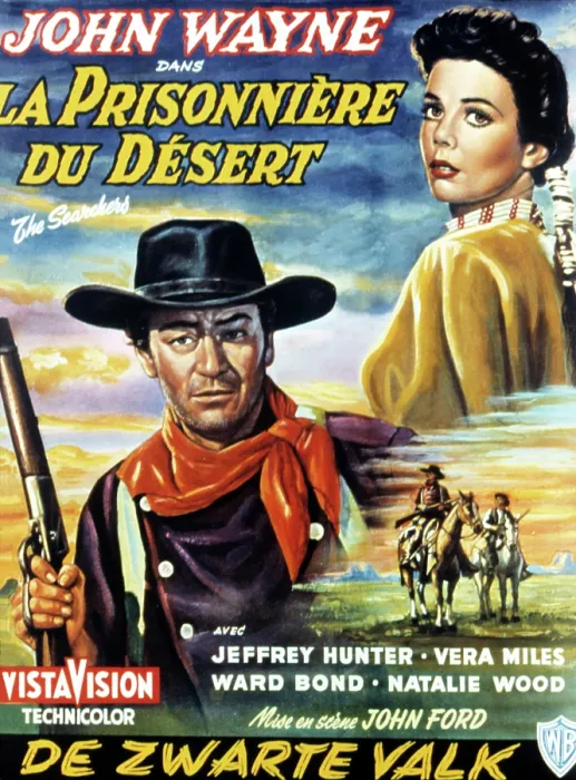 Framed Print : THE SEARCHERS, (aka LA PRISONNIERE DU DESERT), John Wayne, Jeffrey Hunter, Natalie Wood, on Belgian poster art, 1956