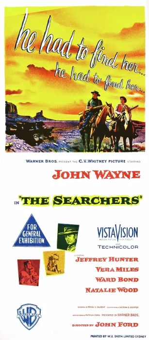 Framed Print : THE SEARCHERS, top l-r: John Wayne, Jeffrey Hunter, bottom l-r: Jeffrey Hunter, Vera Miles, John Wayne on Australian poster art, 1956