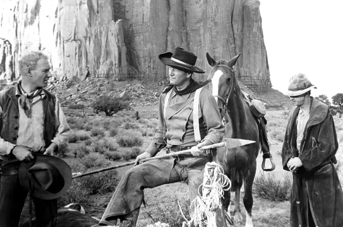 Framed Print : THE SEARCHERS, from left: Harry Carey Jr. John Wayne, Hank Worden, 1956