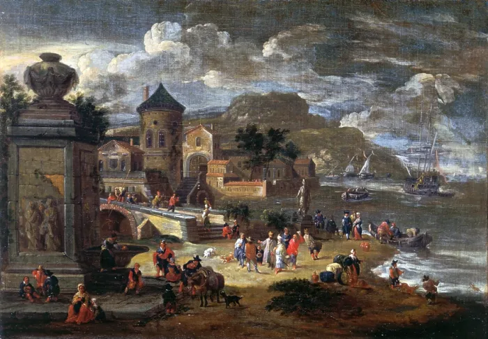 Framed Print : Seascape with an Arbour and Merchants from the East, by Mathijs Schoevaerdts, 1685 - 1695, 17th Century, oil on canvas, 34 x 48 cm - Italy, Lombardy, Milan, Castello Sforzesco Framed Print : Seascape with an Arbour and Merchants from the East, by Mathijs Schoevaerdts, 1685 - 1695, 17th Century, oil on canvas, 34 x 48 cm - Italy, Lombardy, Milan, Castello Sforzesco