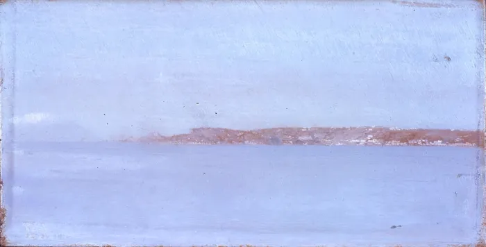 Framed Print : Seascape (Marina), by Giuseppe De Nittis, 19th Century - Italy, Puglia, Barletta, Giuseppe De Nittis Collection. Whole artwork view. View of a coastal stretch on the horizon