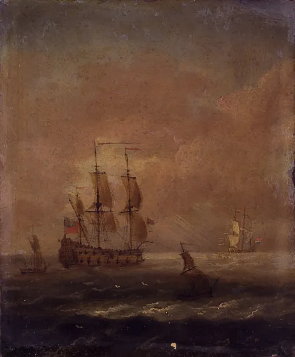 Framed Print : Seascape, Unknown Dutch Artist, 1690 - 1710, 17th - 18th Century, oil on copper, 16, 5 x 14 cm - Italy, Lombardy, Milan, Castello Sforzesco, Civic Collections of Ancient Art