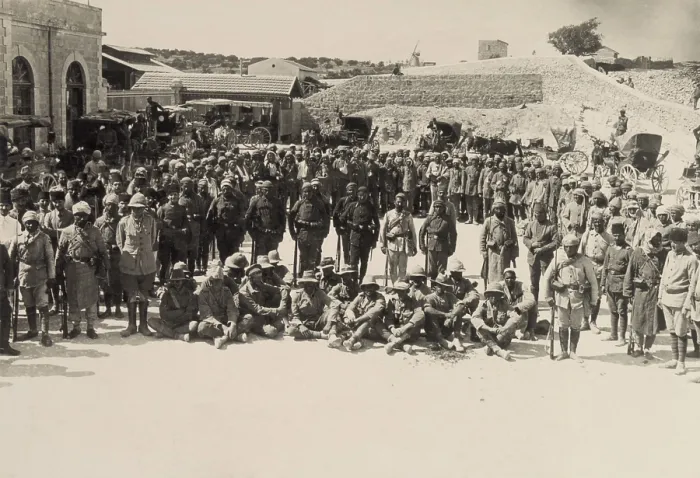 Framed Print : Seated Australian POWs captured at Shellal in the First Battle of Gaza, March 26, 1917