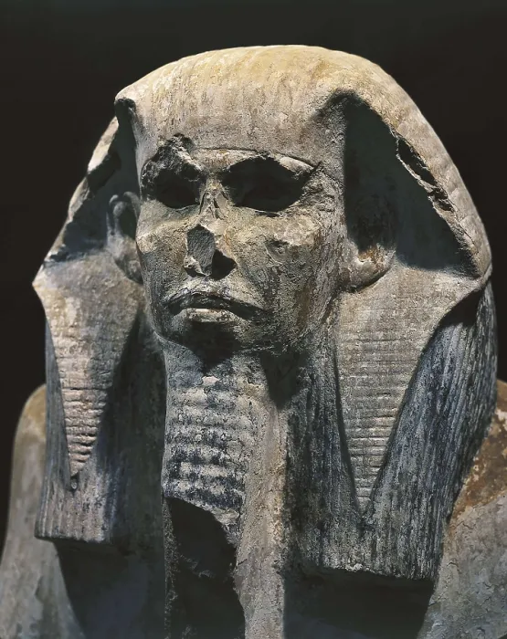 Framed Print : Seated statue of King Djoser. 2611 BC. Upper detail. Egyptian art. Old Kingdom. Sculpture on rock. EGYPT. Cairo. Egyptian Museum. Proc: EGYPT. Saqqara