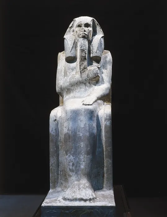Framed Print : Seated statue of King Djoser. 2611 BC. Detail. Egyptian art. Old Kingdom. Sculpture on rock. EGYPT. Cairo. Egyptian Museum. Proc: EGYPT. Saqqara