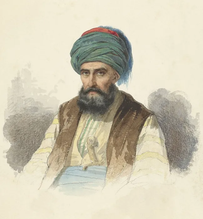 Framed Print : Seated Turk with a Dagger in his Belt, Louis Chantal, 1855, European watercolor painting (BSLOC_2016_2_192)
