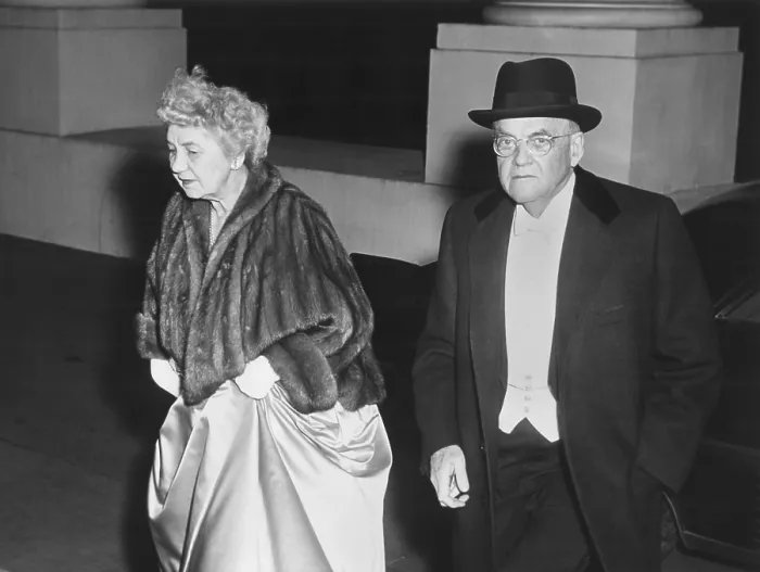 Framed Print : Sec. of State John Foster Dulles and his wife, arriving at state dinner for Queen Elizabeth II. Oct 17, 1957. - (BSLOC_2014_16_137) Framed Print : Sec. of State John Foster Dulles and his wife, arriving at state dinner for Queen Elizabeth II. Oct 17, 1957. - (BSLOC_2014_16_137)