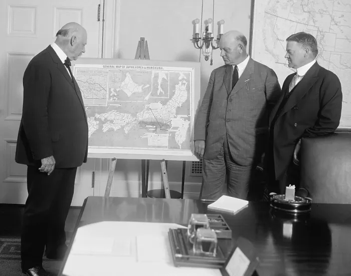 Framed Print : Sec. of War, John Weeks, Sec. of Navy, Edwin Denby, and Sec. of Commerce, Herbert Hoover, study a map of Japan, Korea, and Manchuria Framed Print : Sec. of War, John Weeks, Sec. of Navy, Edwin Denby, and Sec. of Commerce, Herbert Hoover, study a map of Japan, Korea, and Manchuria