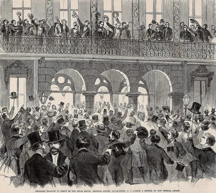 Framed Print : Secession meeting in front of Mills House, a popular hotel, on Meeting St. Charleston, SC. November 1860 Framed Print : Secession meeting in front of Mills House, a popular hotel, on Meeting St. Charleston, SC. November 1860