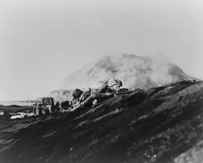 Framed Print : Second Battalion, Twenty-Seventh Marines pinned down on Iwo Jima beach. In the distance is Mount Suribachi. Feb. 19, 1945. World War 2. (BSLOC_2013_13_53)