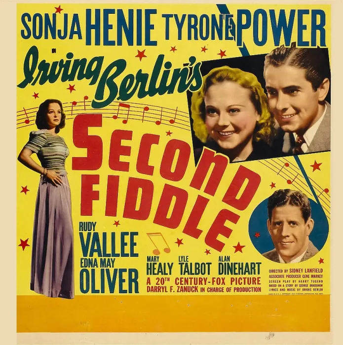 Framed Print : SECOND FIDDLE, left: Mary Healy, top right from left: Sonja Henie, Tyrone Power, bottom right: Rudy Vallee on jumbo window card, 1939, TM and Copyright 20th Century Fox Film Corp