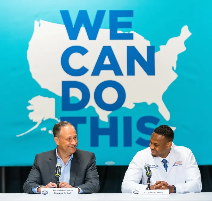 Framed Print : Second Gentleman Douglas Emhoff (left) participates in a roundtable discussion at the Esperanza Health Center vaccination site, June 23, 2021