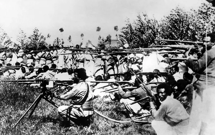 Framed Print : Second Italo-Ethiopian War. Ethiopian army holds training maneuvers. The dark-skinned, warriors of the Abyssinia, are armed with antique French guns. Jan. 1935