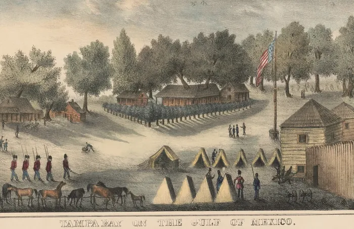 Framed Print : Second Seminole War, 1835-42. US Army camp at Tampa Bay on the Gulf of Mexico, ca. 1836-37. The central large building of Fort Brooke encloses two live trees in its structure