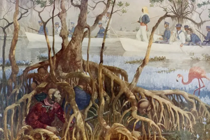 Framed Print : Second Seminole War, 1835-42. U.S. Marines in boats searching for the Indians among the mangroves during the Seminole War