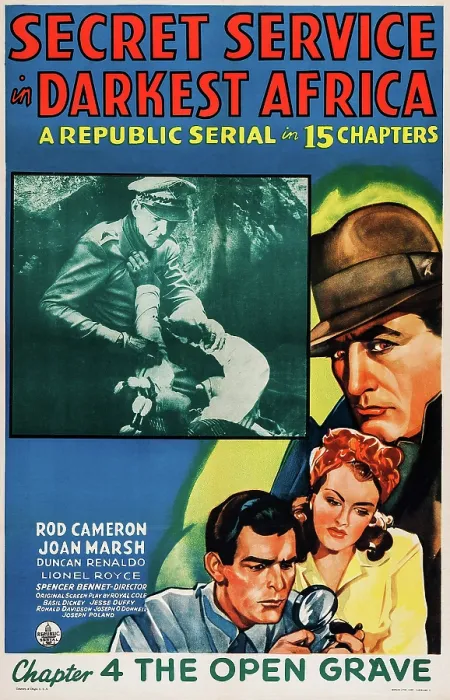 Framed Print : SECRET SERVICE IN DARKEST AFRICA, US poster art, from left: Rod Cameron, Joan Marsh, in Chapter 4: The Open Grave, 1943
