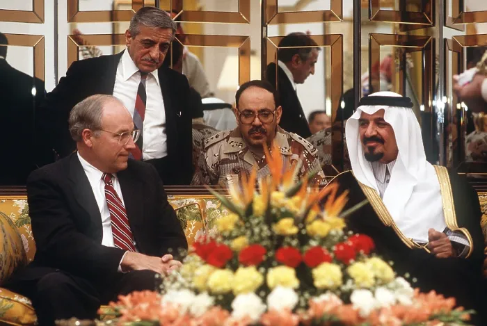 Framed Print : Secretary of Defense Dick Cheney meets with Prince Sultan Minister of Defense and Aviation of Saudi Arabia on Dec 1. 1990