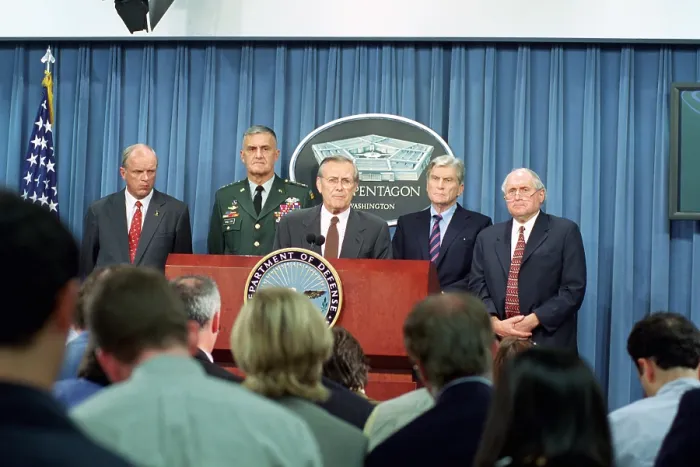 Framed Print : Secretary of Defense Donald H. Rumsfeld center speaks to the press shortly after terrorists crashed American Airlines Flight 77 into the Pentagon on Sept. 11 2001 Framed Print : Secretary of Defense Donald H. Rumsfeld center speaks to the press shortly after terrorists crashed American Airlines Flight 77 into the Pentagon on Sept. 11 2001