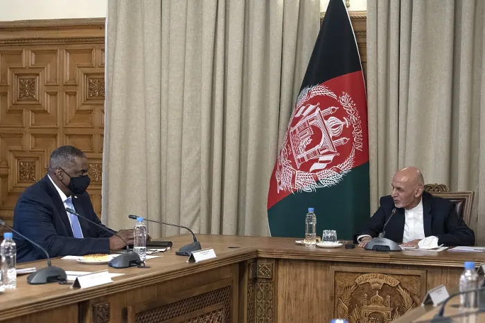 Framed Print : Secretary of Defense Lloyd Austin meets with Afghan President Ashraf Ghani in Kabul, Afghanistan, March 21, 2021