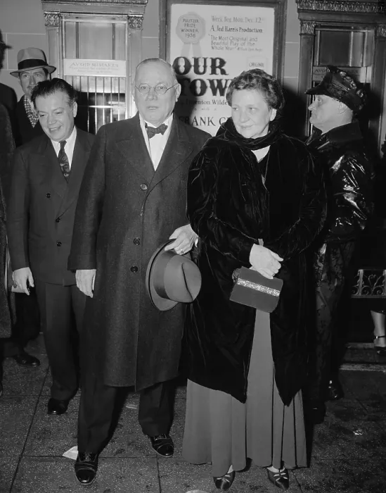Framed Print : Secretary of Labor Frances Perkins and AFL President William Green at the National Theater attending PINS AND Needles
