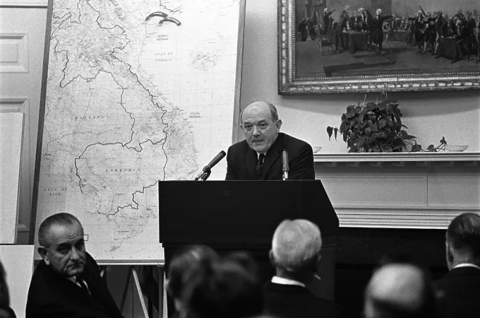 Framed Print : Secretary of State Dean Rusk briefs US Governors on the Vietnam War. President Lyndon Johnson listens (left). March 18, 1967