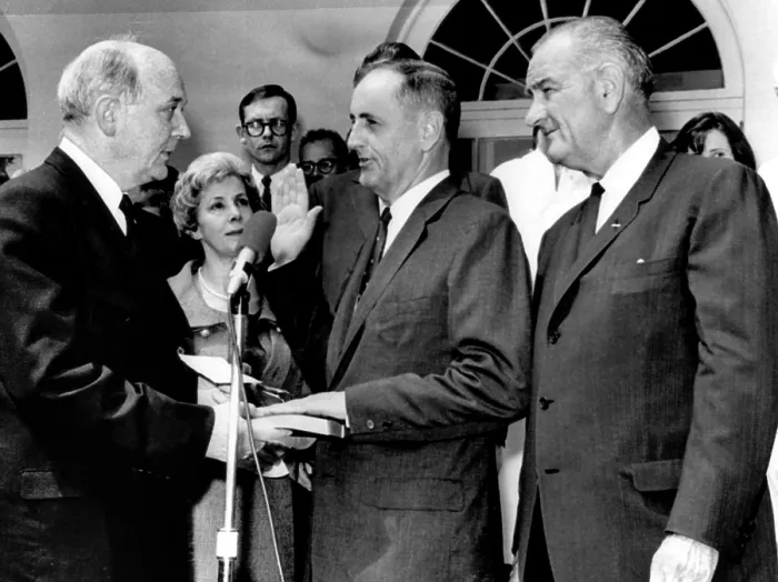 Framed Print : Secretary of State Dean Rusk (far left), administers the oath to new Secretary of Health, Education and Welfare, John W Framed Print : Secretary of State Dean Rusk (far left), administers the oath to new Secretary of Health, Education and Welfare, John W