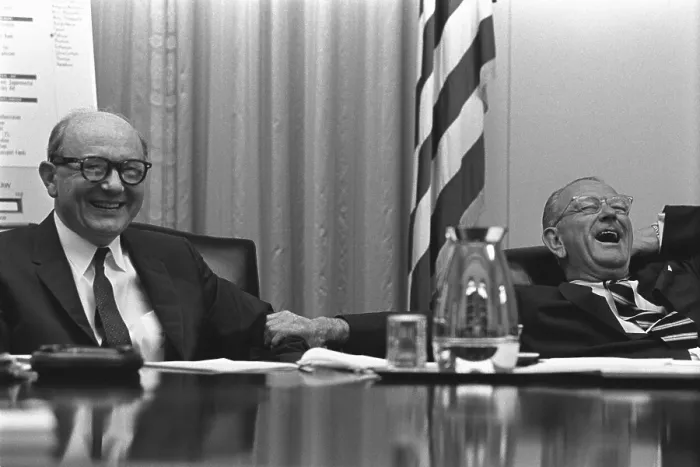 Framed Print : Secretary of State Dean Rusk and President Lyndon Johnson share laughter in the White House Cabinet Room. April 24 1966