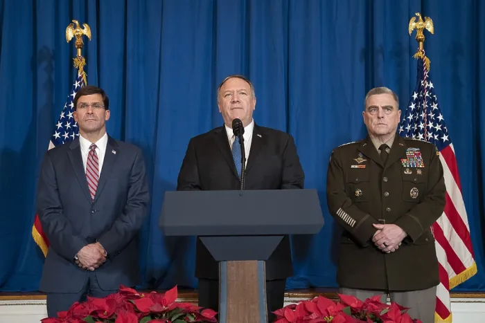 Framed Print : Secretary of State Mike Pompeo, Secretary of Defense Mark Esper, and Chairman of the Joint Chiefs of Staff Gen. Mark Milley on Dec. 29, 2019 Framed Print : Secretary of State Mike Pompeo, Secretary of Defense Mark Esper, and Chairman of the Joint Chiefs of Staff Gen. Mark Milley on Dec. 29, 2019