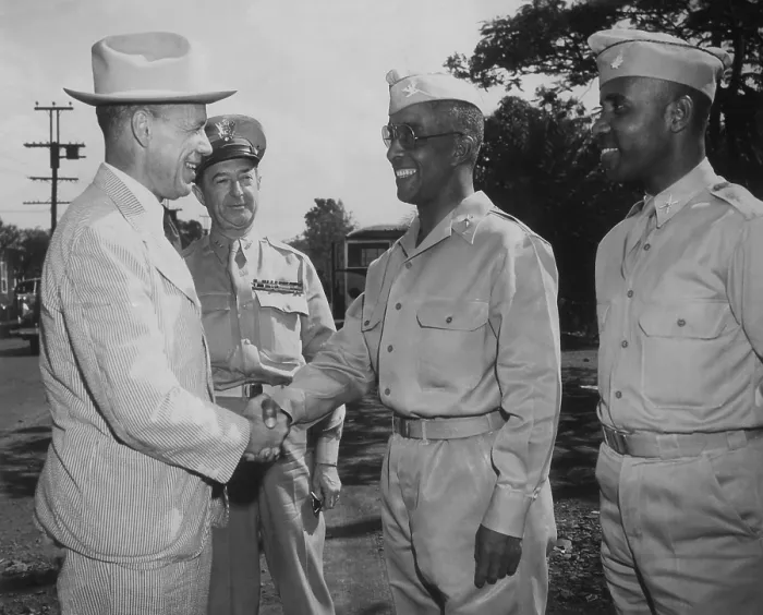 Framed Print : Under Secretary of War Robert Patterson with African American artillerymen during World War 2