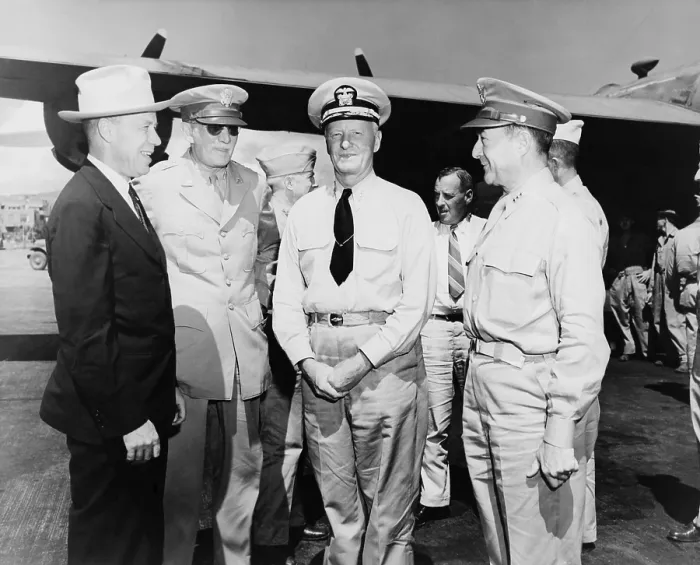 Framed Print : Secretary of War Robert Patterson (in cowboy hat) and Adm. Chester W. Nimitz (center) in 1943. World War 2. (BSLOC_2014_8_126)