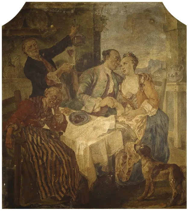 Framed Print : Seduction scene, by Andrea Past, 18th century, fresco. - Italy, Veneto, Bagnoli di Sopra, Villa Widmann. Whole artwork view Framed Print : Seduction scene, by Andrea Past, 18th century, fresco. - Italy, Veneto, Bagnoli di Sopra, Villa Widmann. Whole artwork view