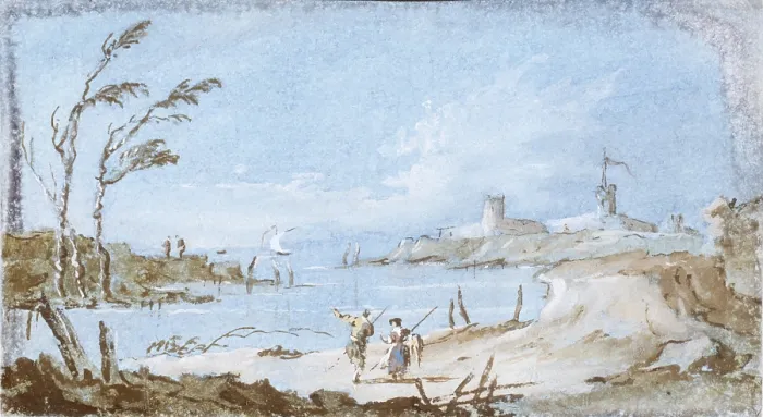 Framed Print : Seen of a Stream with Towers, probably by Giacomo Guardi, 18th Century, tempera on paper - Italy, Lombardy, Milan, Castello Sforzesco, Civic Collections of Ancient Art