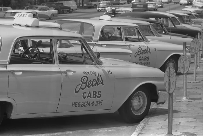 Framed Print : Segregated taxi cabs with sign White only, Becks cabs on side door, Albany, Georgia. Aug. 18, 1962. - (BSLOC_2015_1_202) Framed Print : Segregated taxi cabs with sign White only, Becks cabs on side door, Albany, Georgia. Aug. 18, 1962. - (BSLOC_2015_1_202)