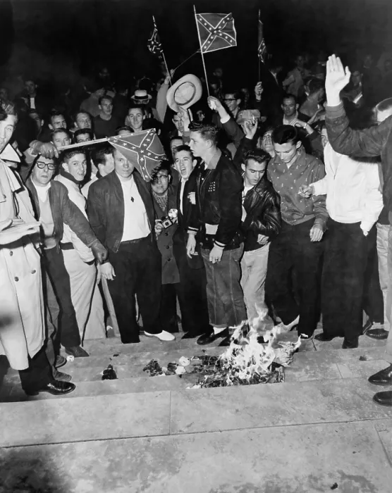 Framed Print : Segregationist protest. White students burn integration literature to protest the enrollment of an African American, Autherine Lucy, to the University of Alabama. June 2, 1956 Framed Print : Segregationist protest. White students burn integration literature to protest the enrollment of an African American, Autherine Lucy, to the University of Alabama. June 2, 1956