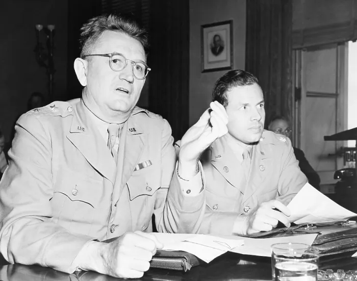Framed Print : Selective Service officers testify to House Agricultural Committee about shortage of farm workers. Sept. 25, 1942. Major-General Lewis Hershey (left), Dir