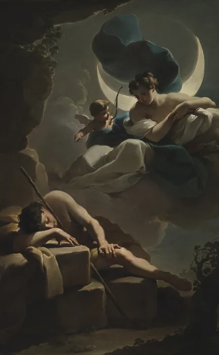 Framed Print : Selene and Endymion, 1770, by Ubaldo Gandolfi, 1728-1781, Italian painting, oil on canvas. Endymio, a mortal human shepherd was loved by Selene, the Goddess of the Moon
